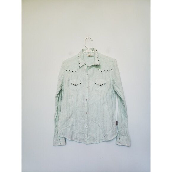 Cowgirl Up Tops - Cowgirl Up Womens M Shirt Pearl Snap Front Studded Metallic Stripe Green Western